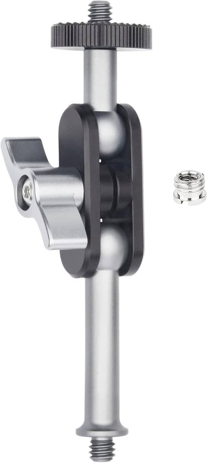 Tripod phone holder mounting arm with dual ball head, silver posts and black bracket
