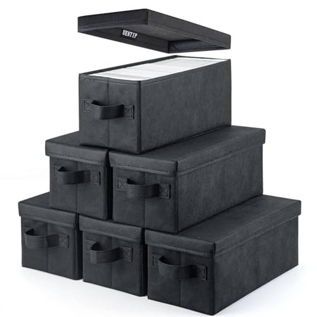 Set of six black foldable CD storage boxes stacked, each with hinged lid and front fabric handle