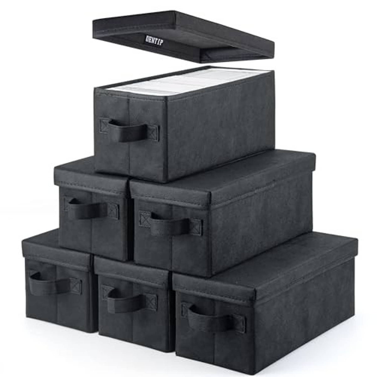 Set of six black foldable CD storage boxes stacked, each with hinged lid and front fabric handle