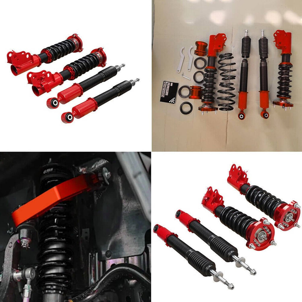 Red coilover shock and strut suspension kit with springs and hardware pieces