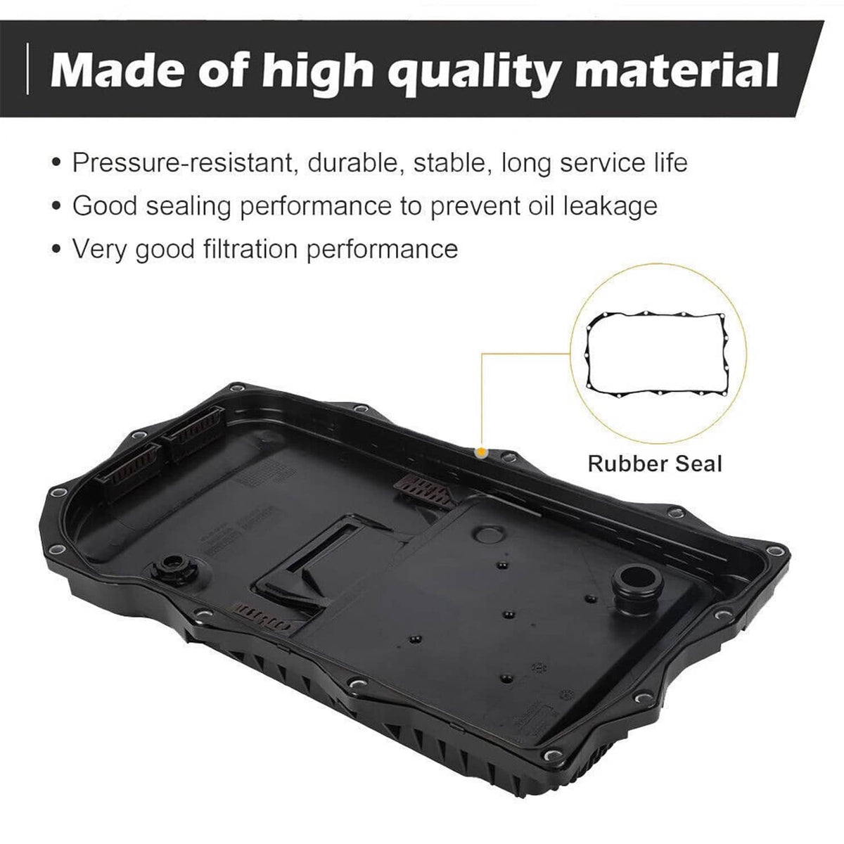 Black automatic transmission oil pan with rubber seal and raised mounting edges