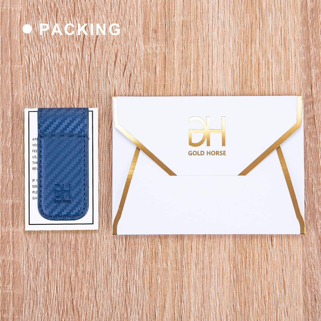 Blue leather card holder shown with branded envelope and packing card