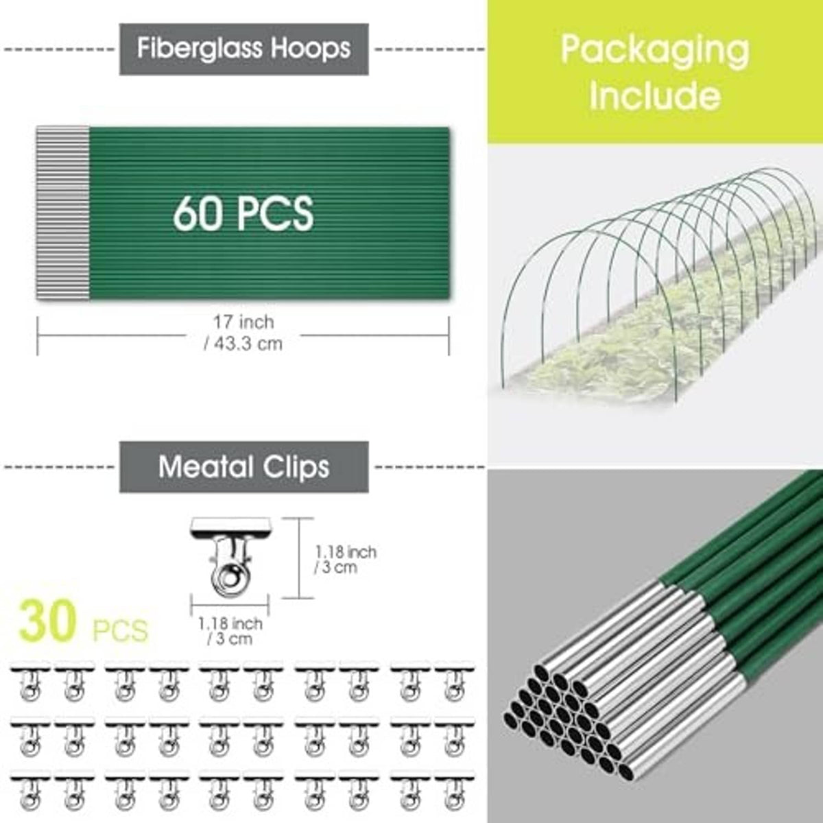 60-piece set of green fiberglass hoops with metal clips shown in packaging layout