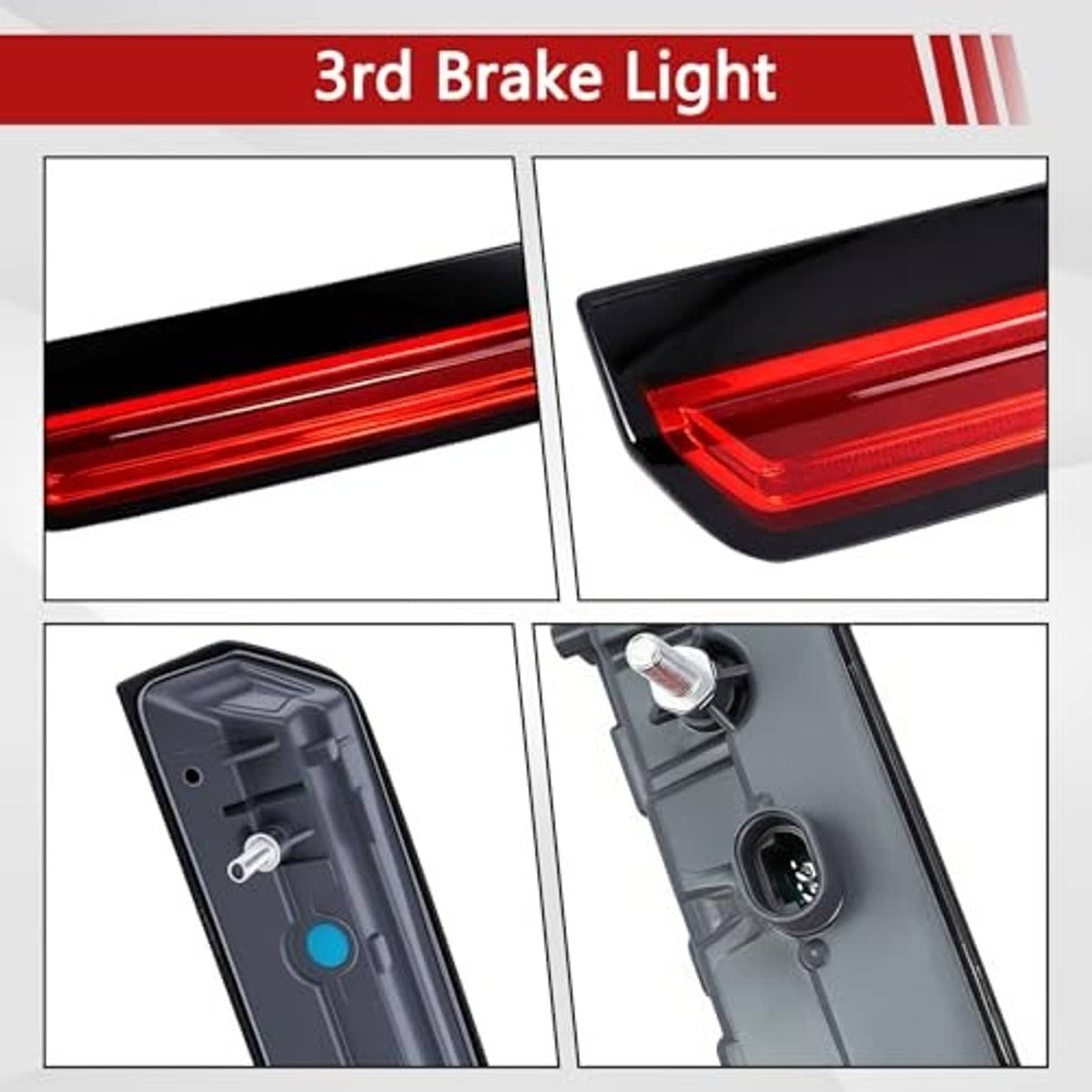 LED third brake light detail with red lens strip, black casing, mounting points, and connector