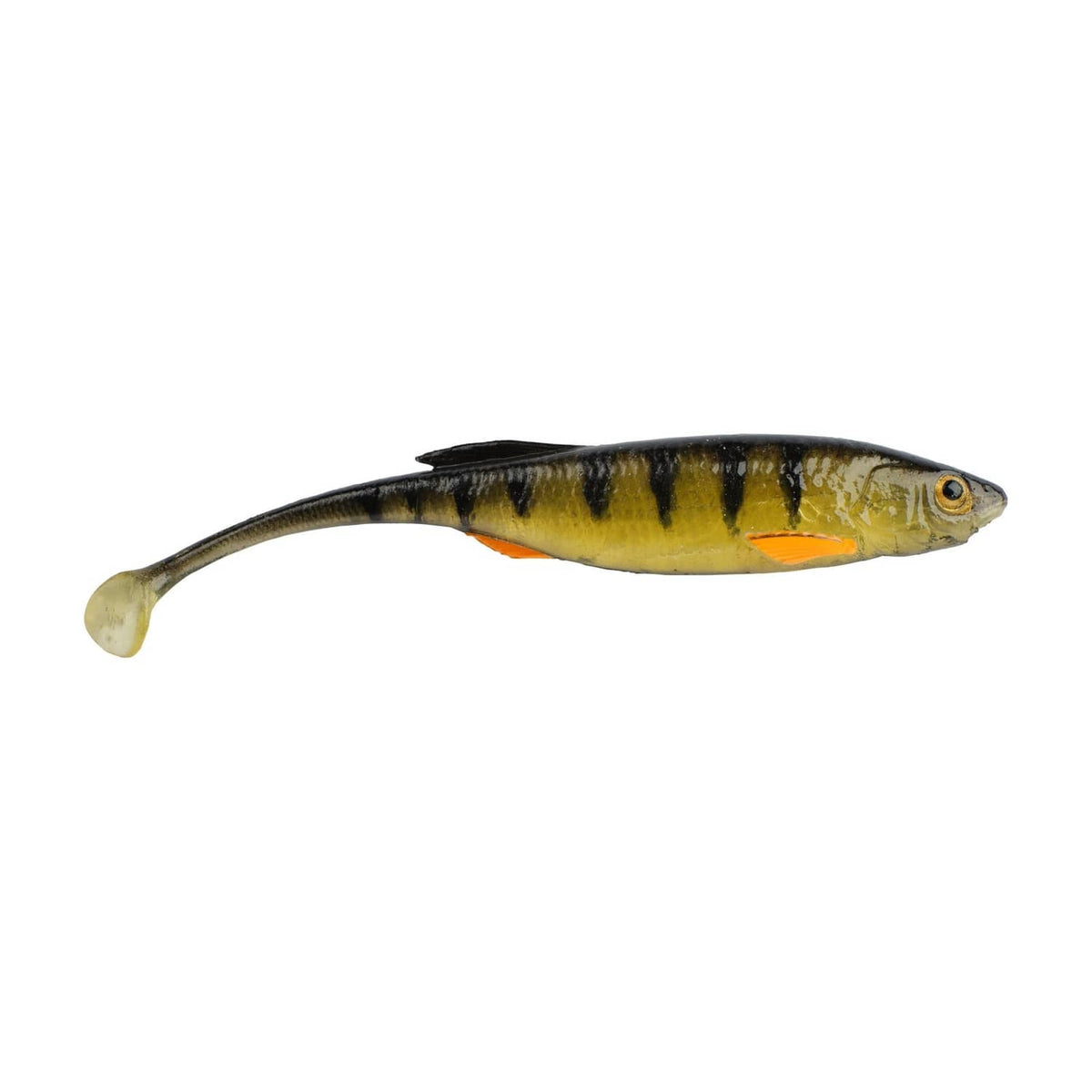 Soft plastic fishing bait, yellow-green with black tiger stripes and orange underside