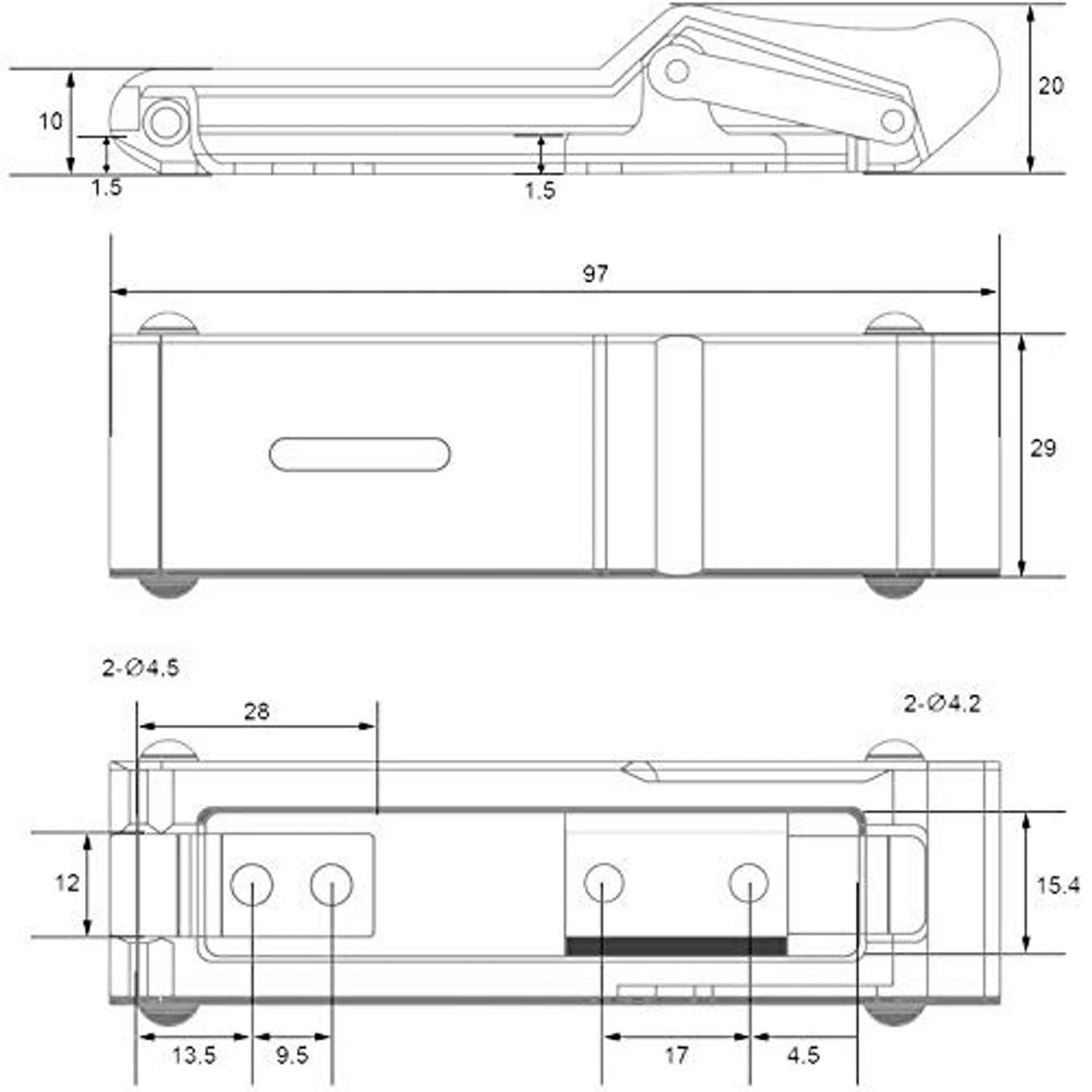 Line drawing of white rack latch bracket design with mounting points and dimensions
