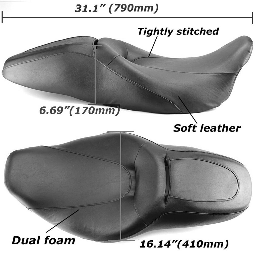 Black motorcycle seat with dual foam profile and tight stitching along the center seam.