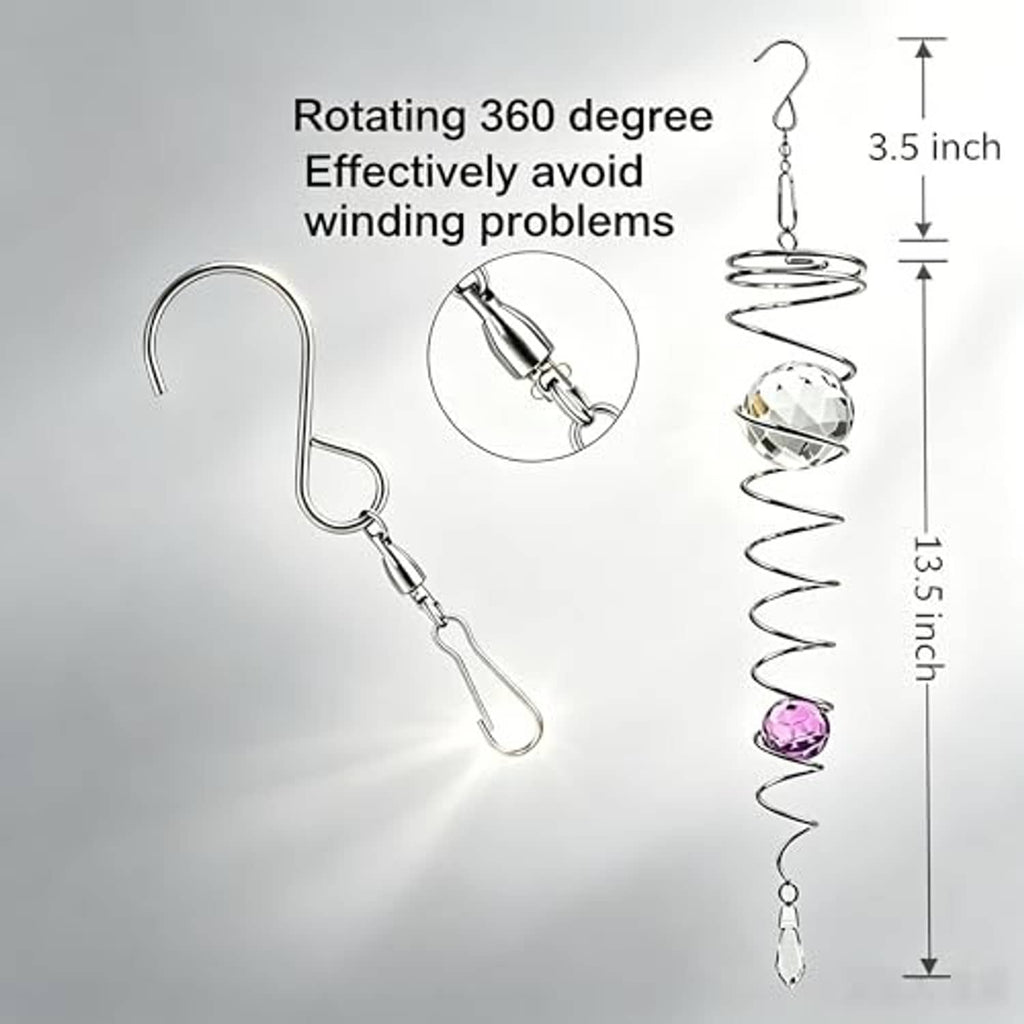 Silver spiral outdoor wind spinner with clear gazing ball, purple bead, and crystal teardrop