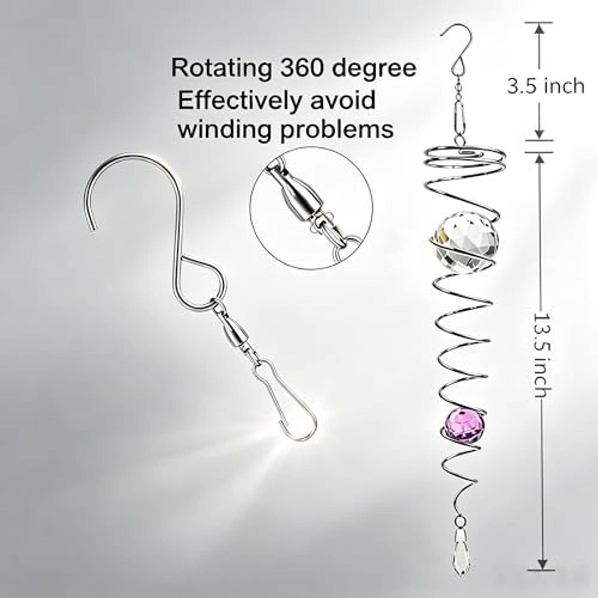 Silver spiral outdoor wind spinner with clear gazing ball, purple bead, and crystal teardrop