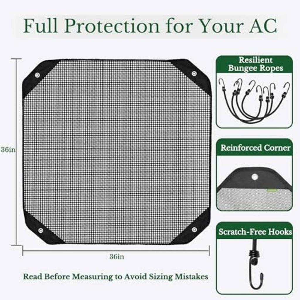 Hex-corner square mesh AC cover with reinforced corners and black binding trim