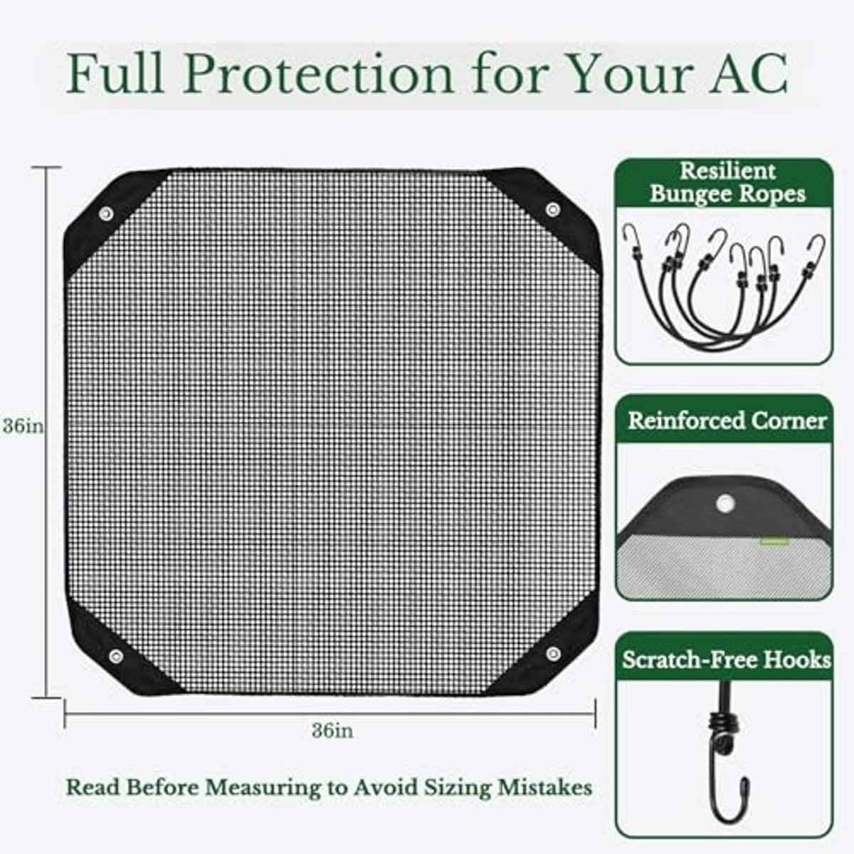Hex-corner square mesh AC cover with reinforced corners and black binding trim