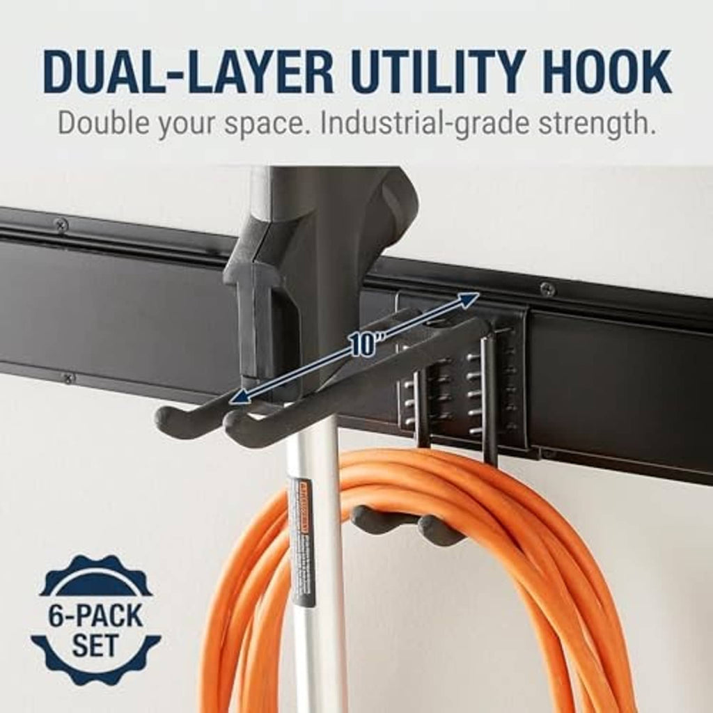 Black dual-layer utility hook on wall-mount rail for hanging tools