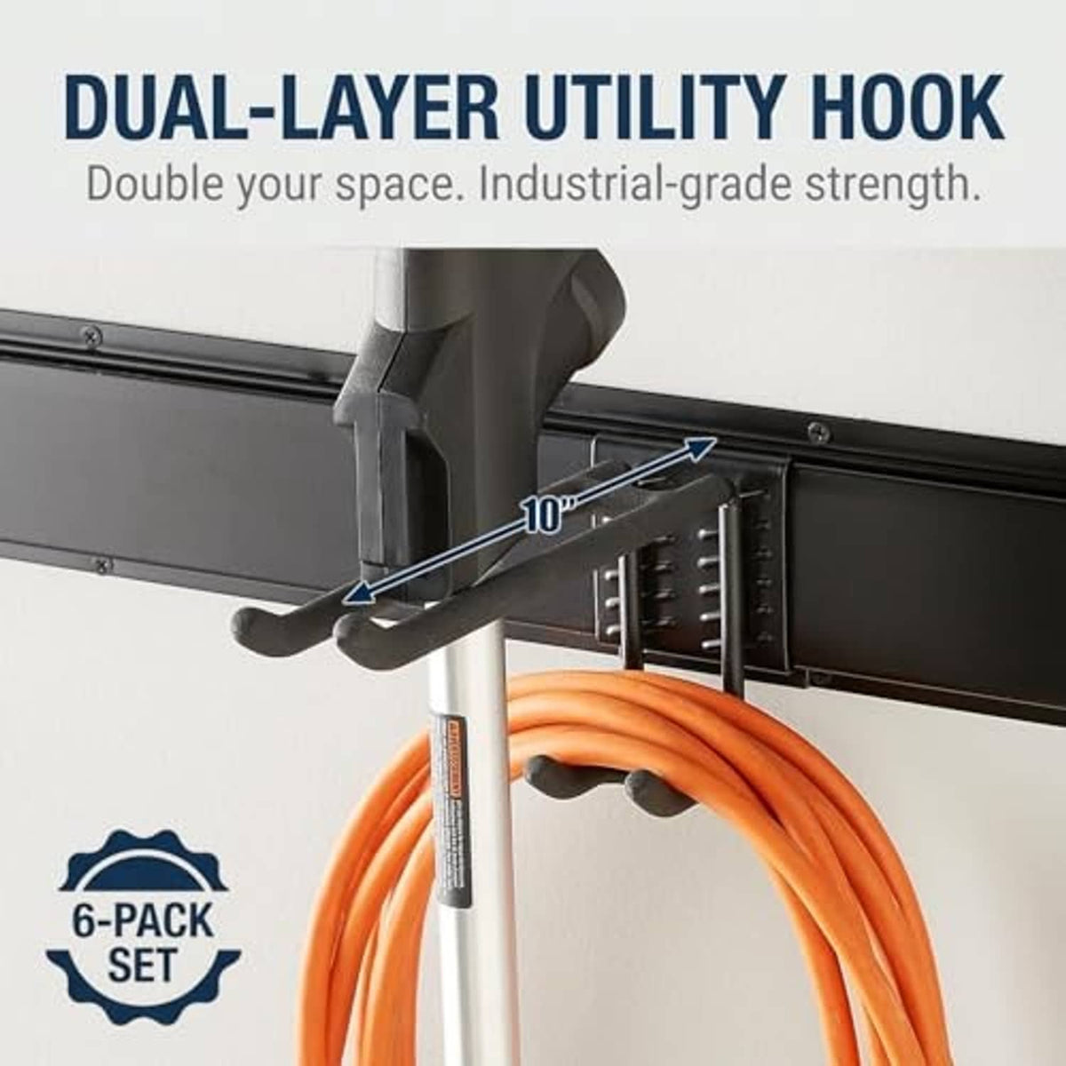 Black dual-layer utility hook on wall-mount rail for hanging tools