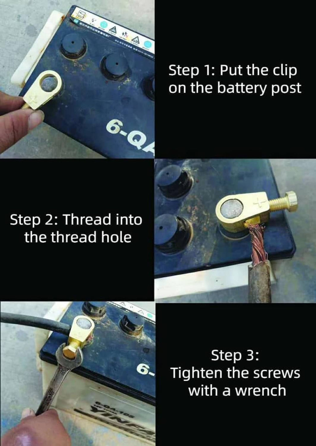 Battery terminal connector kit installation steps: clip on post, thread screws, tighten