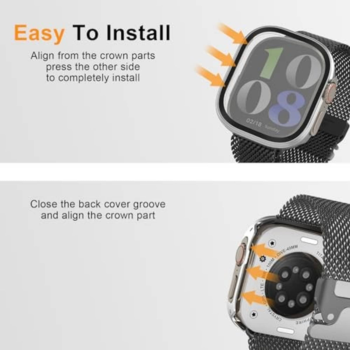 Silver 3-in-1 metal watch case on mesh band, shown during installation
