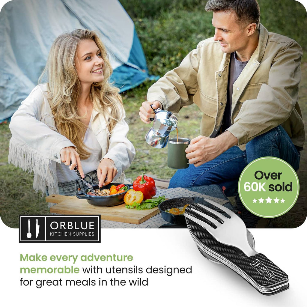 Black 4-in-1 camping utensil on table with pouch for outdoor meal prep