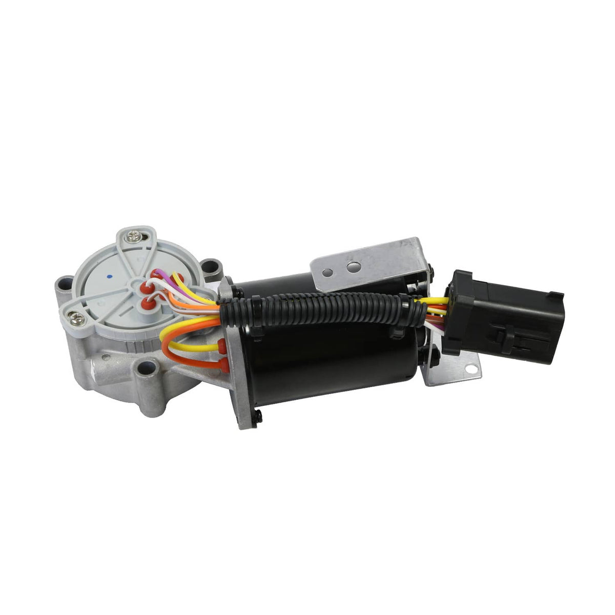 Transfer case shift motor with black actuator, braided cable, and plug on end