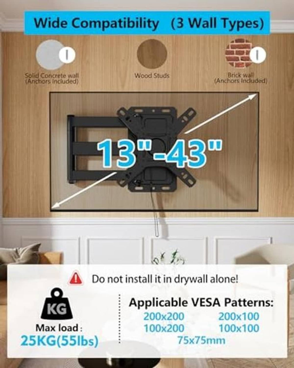 Black RV TV wall mount with VESA-compatible mounting plate and adjustable arms