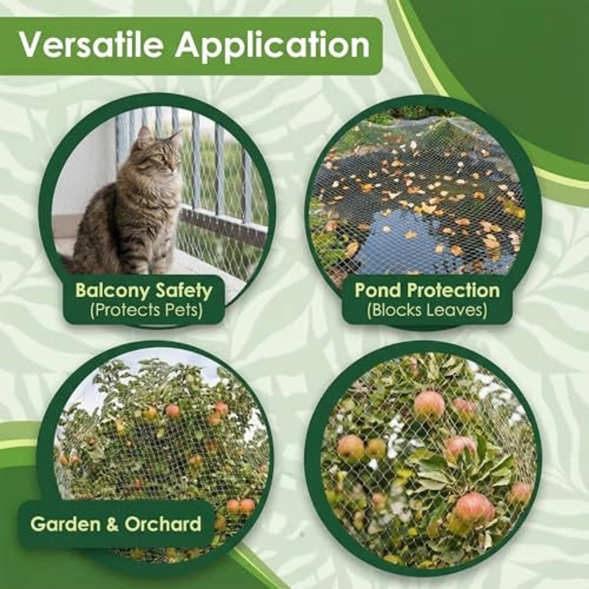 Clear bird netting sheet shown for garden, orchard, balcony, and pond protection