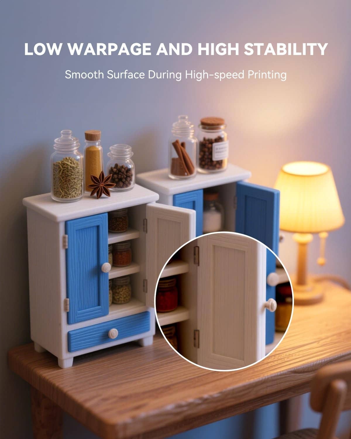 Low warpage promotional image with filament bottles beside a cabinet, zoomed detail inset