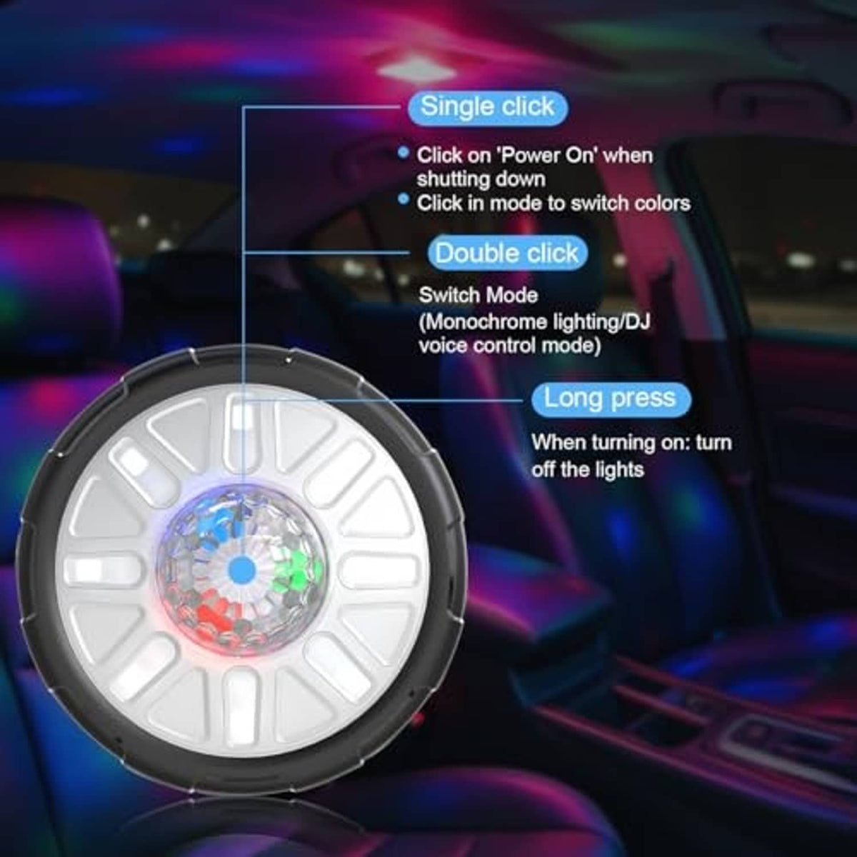 Round magnetic LED car ceiling light with multi-color ring LEDs, top view