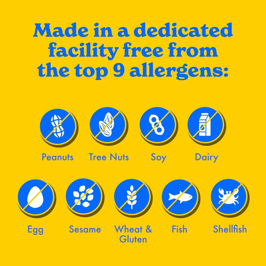 Allergen icons crossed out for granola minis, including peanuts, dairy, soy, and egg