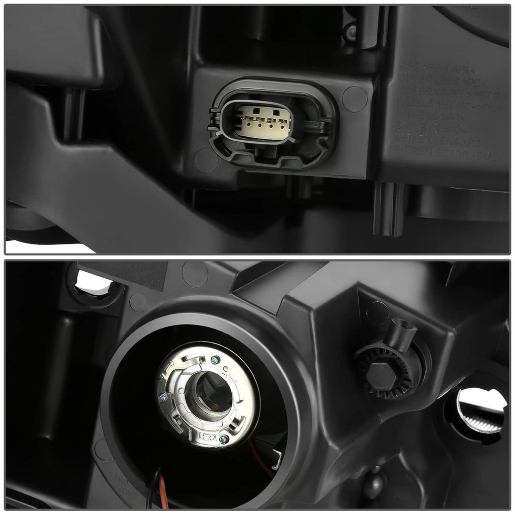 Rear connector and projector bulb area on a black headlight housing