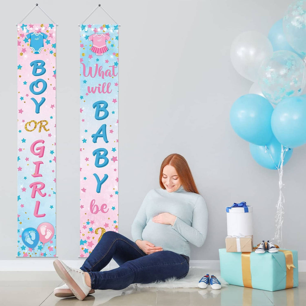 Gender reveal porch banner pair with "BOY OR GIRL" and "What will BABY be?"