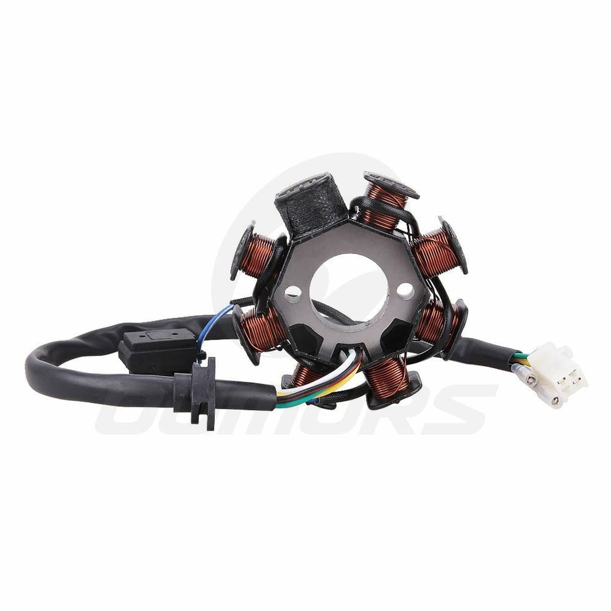 Ignition stator magneto assembly with copper coils, black module, and white connector plug