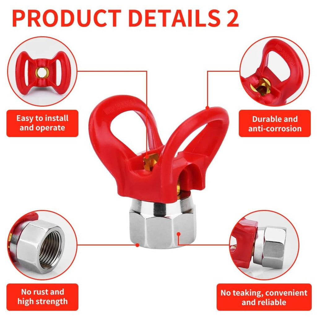 Red airless spray nozzle with metal base and replaceable tip connection