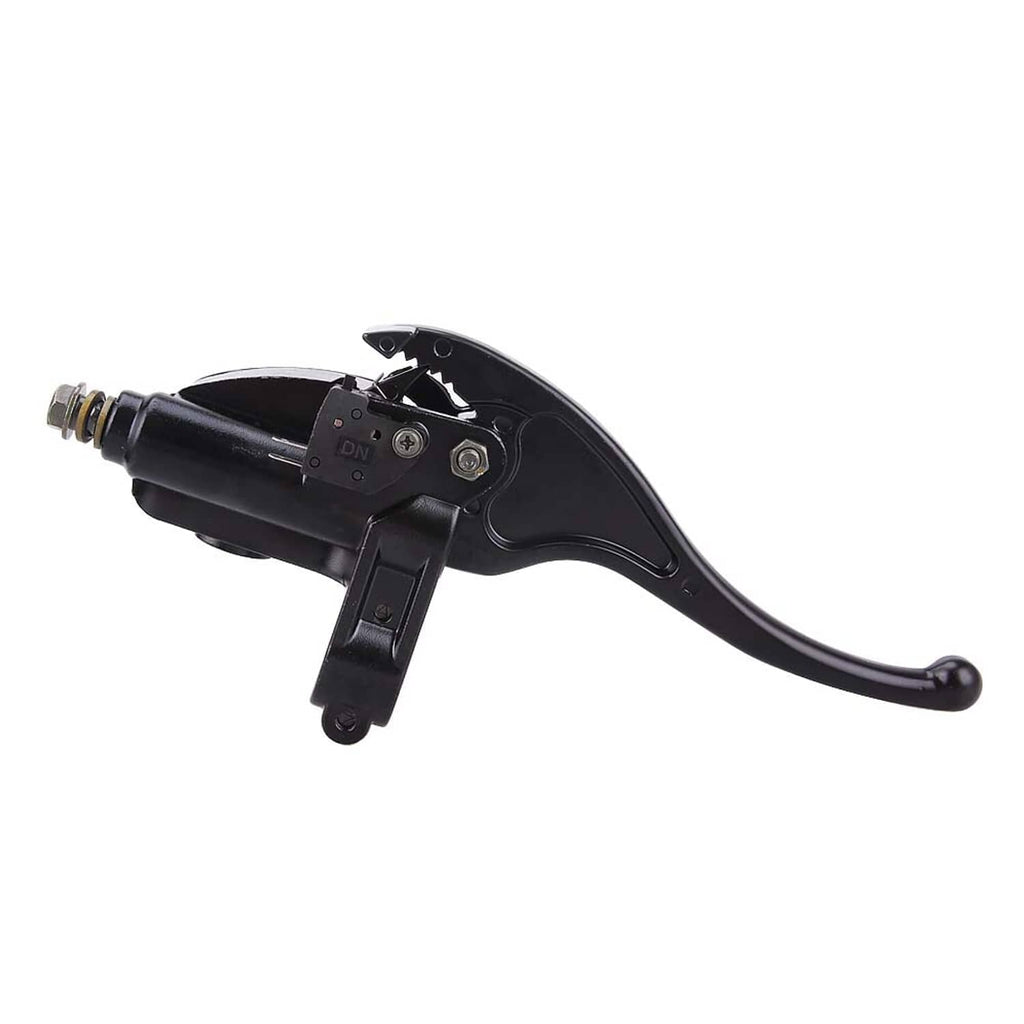 Black front brake master cylinder with curved lever and reservoir housing