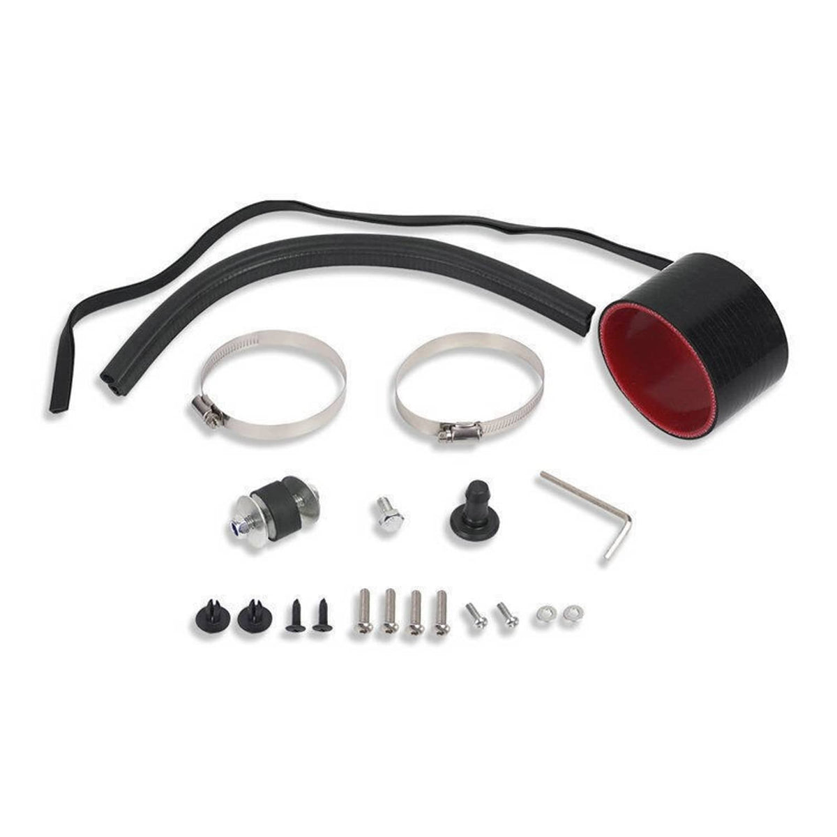 Cold air intake kit components: black hoses, clamps, red filter base, and hardware