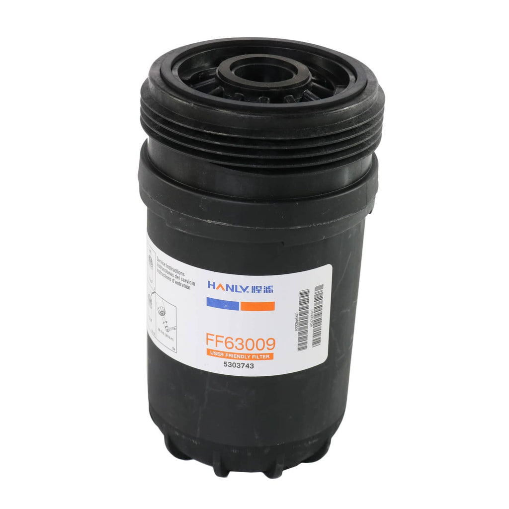 Black fuel filter with top opening and white barcode label