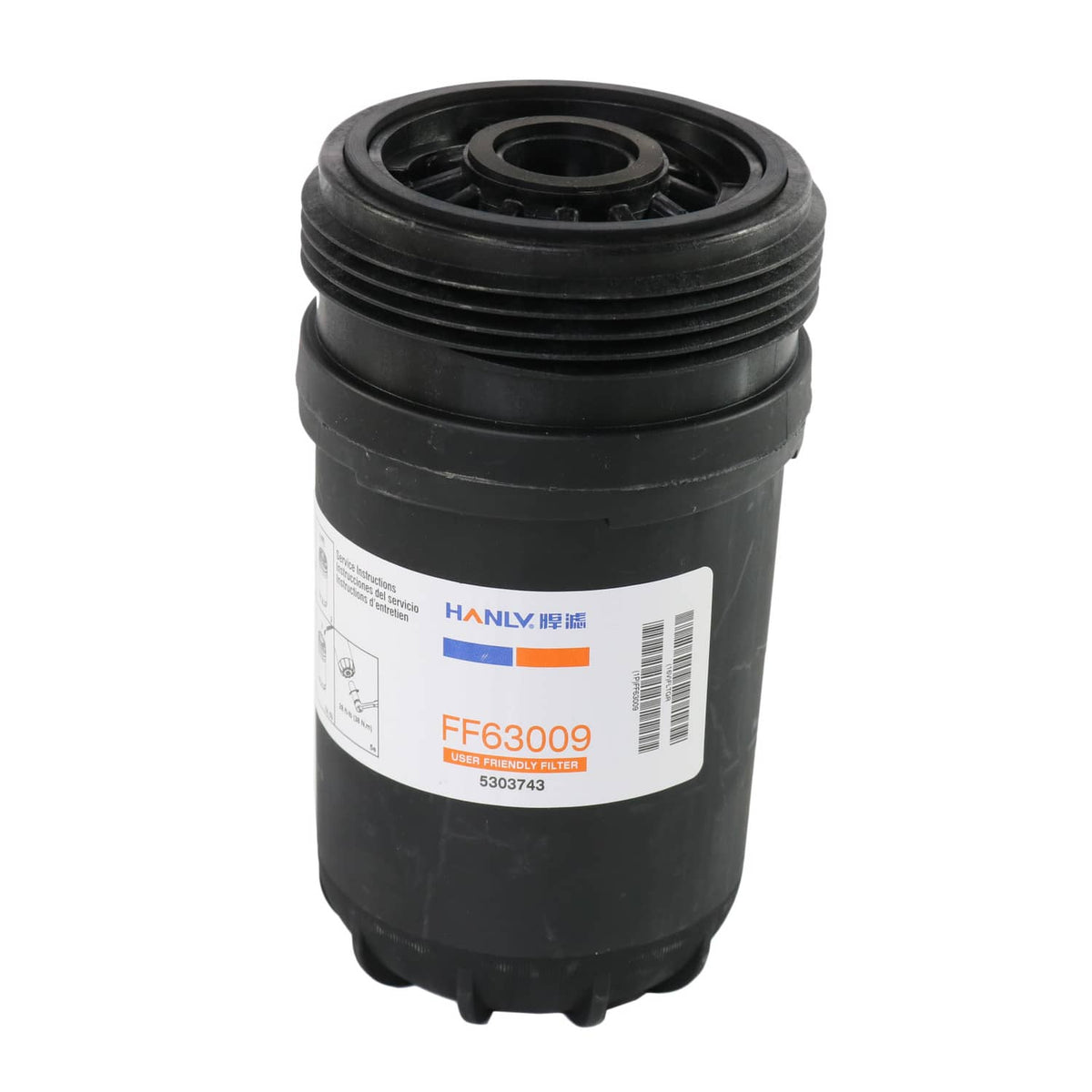 Black fuel filter with top opening and white barcode label