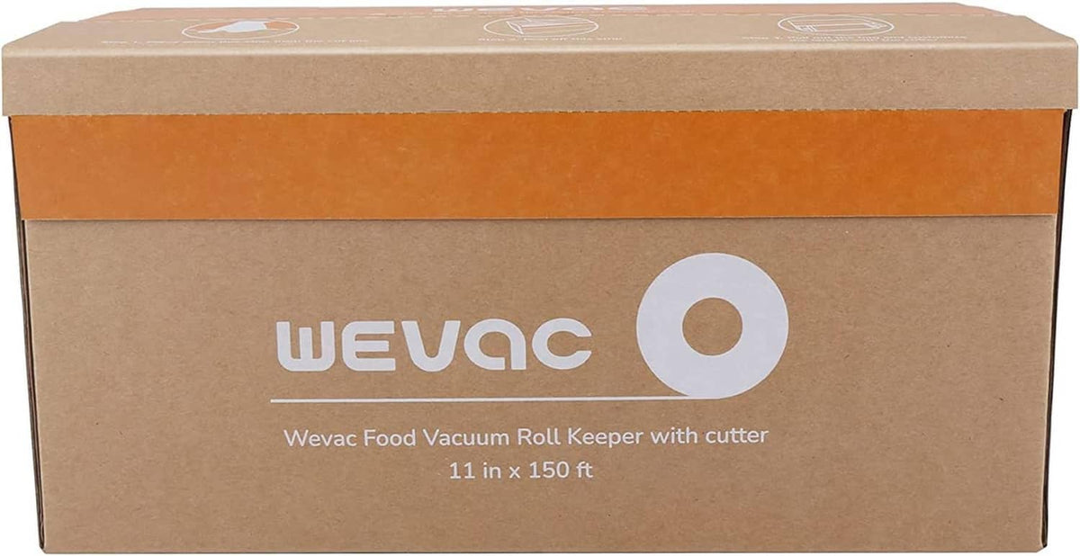 Wevac vacuum roll keeper product box, brown and orange with logo