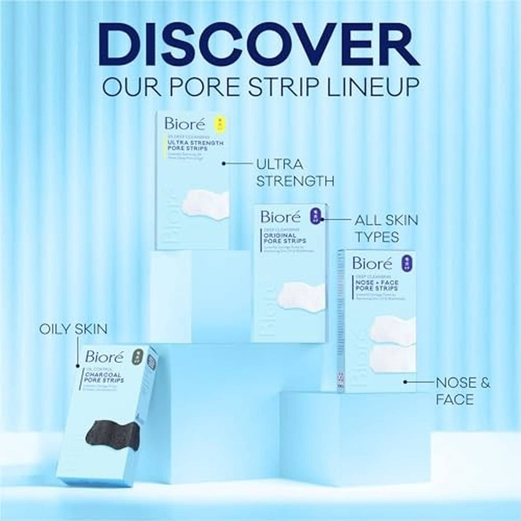 Biore pore strip lineup boxes with white nose and face strip sheets