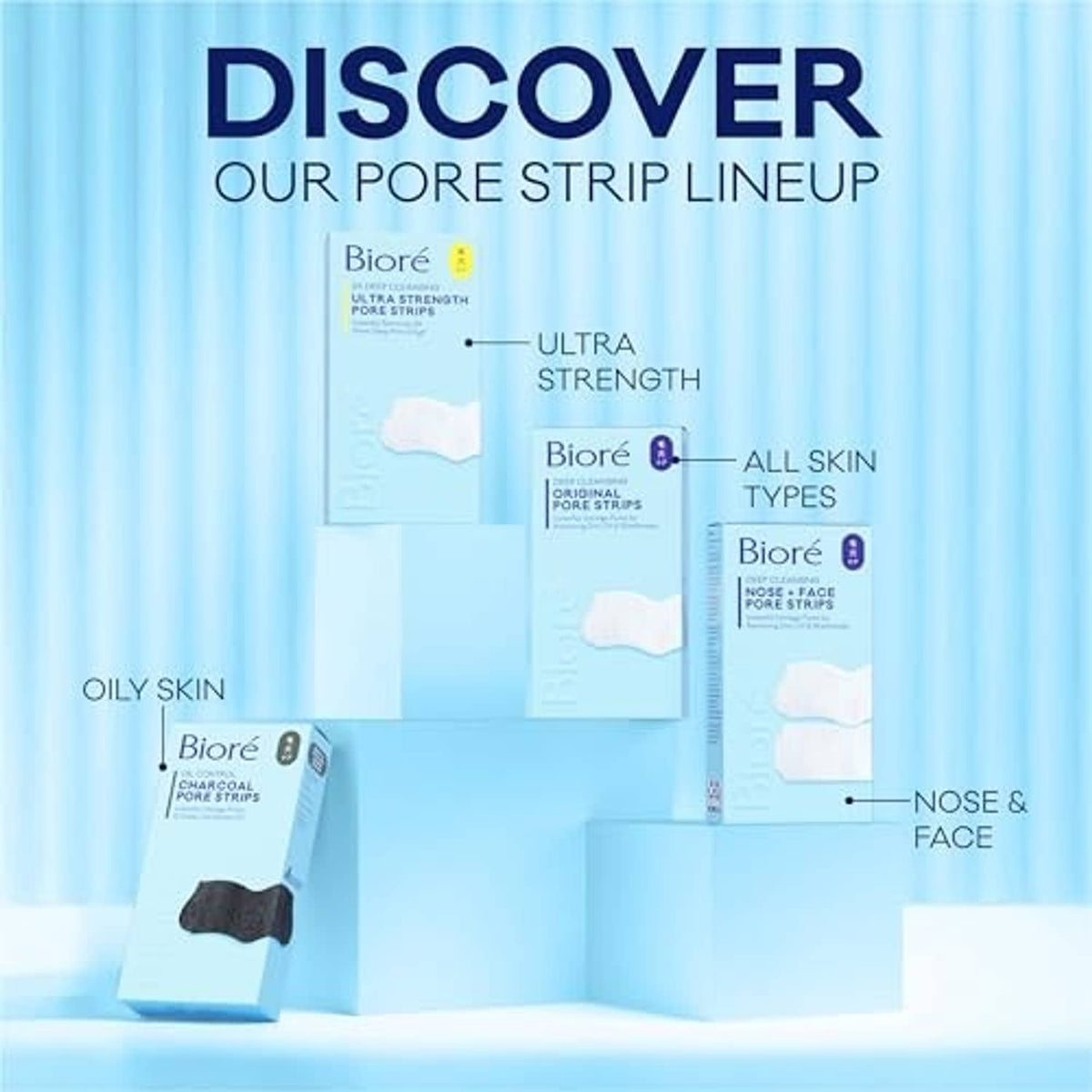 Biore pore strip lineup boxes with white nose and face strip sheets