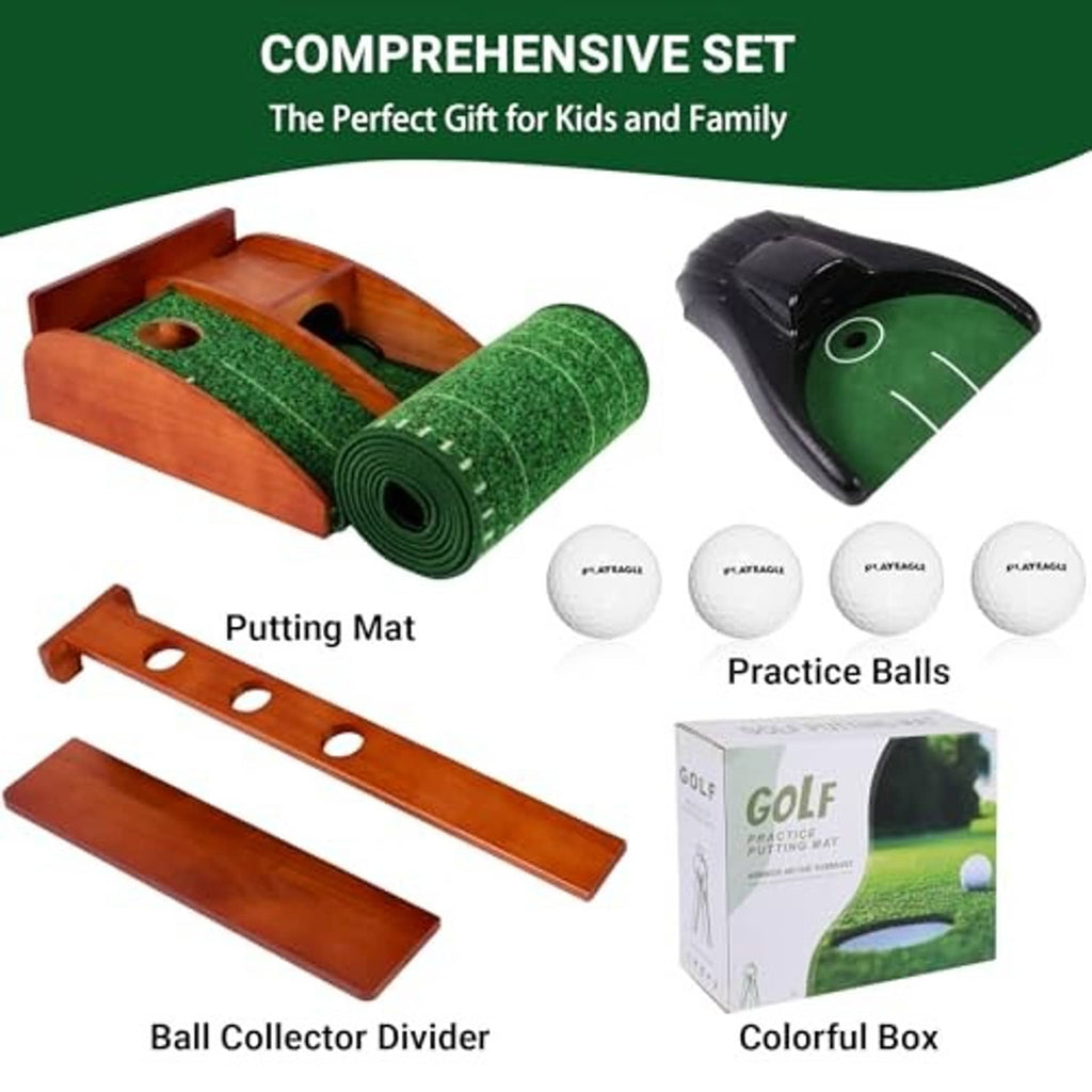 Golf putting mat starter set with green turf roll, practice balls and ball collector divider