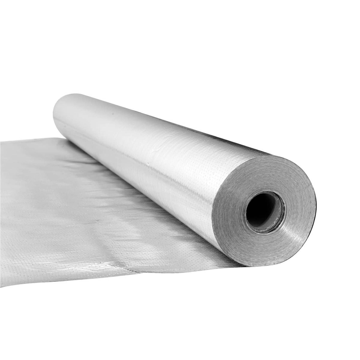 Silver reflective insulation roll close-up, showing rolled edge and hollow core