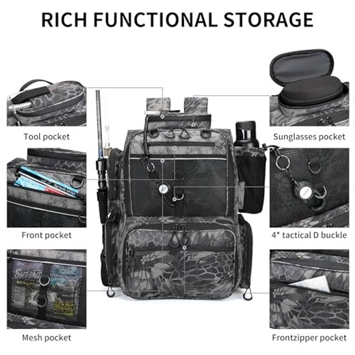 Camouflage black tactical fishing backpack with multiple front pockets and hanging gear slots