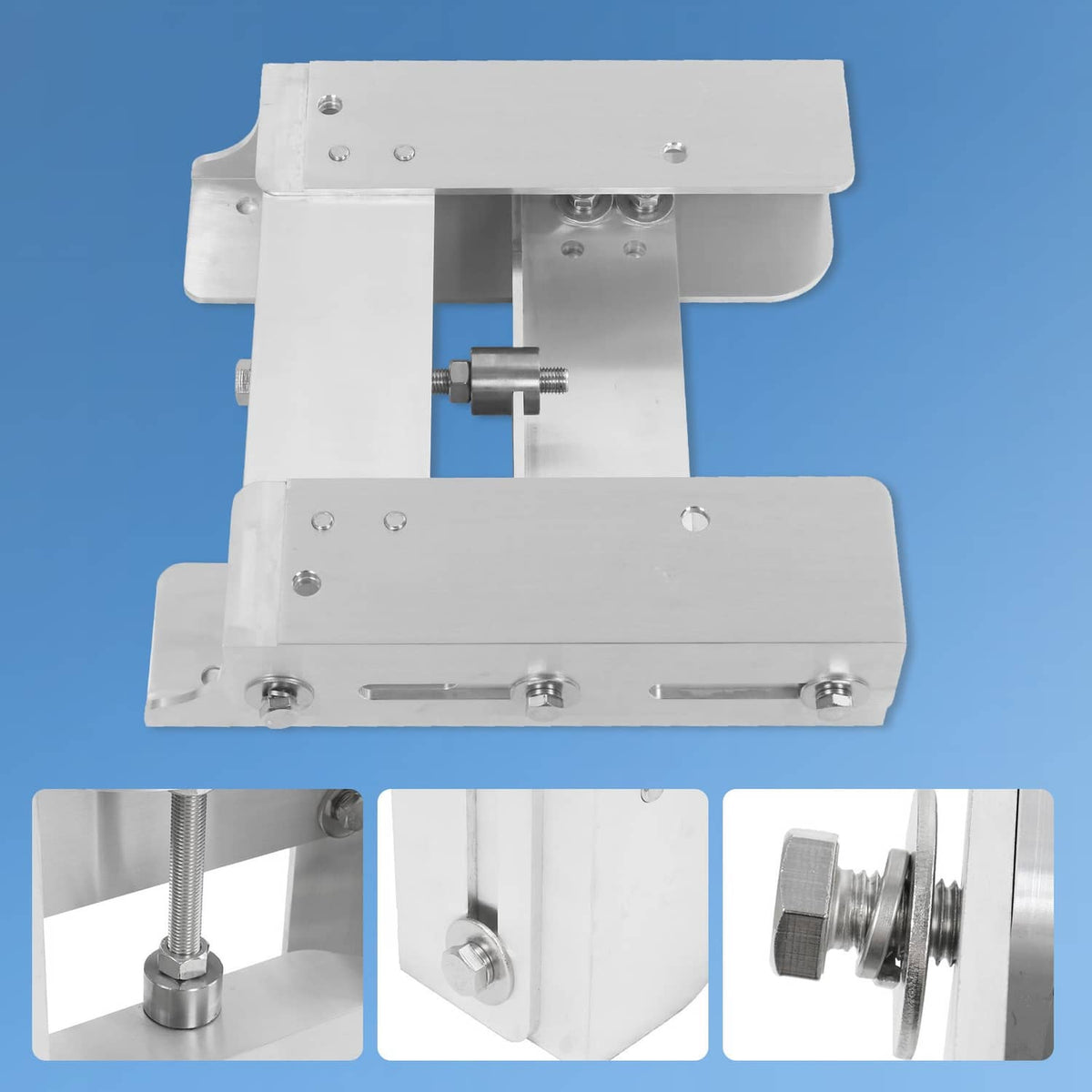 Adjustable boat jack plate base with center lift mechanism and four mounting bolts, silver