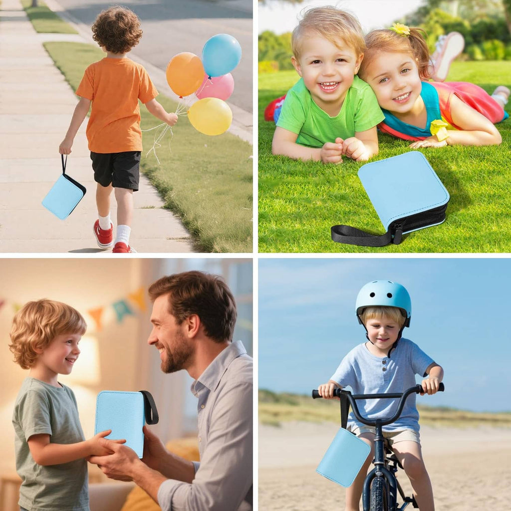 Light blue mini trading card binder used outdoors with kids