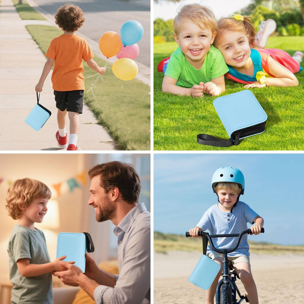 Light blue mini trading card binder used outdoors with kids