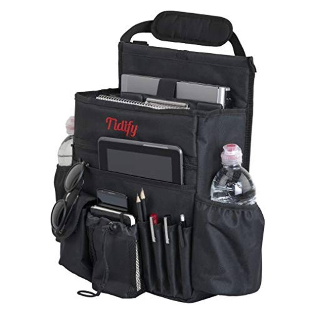 Black car seat organizer with tablet sleeve, laptop area, and side bottle pocket.