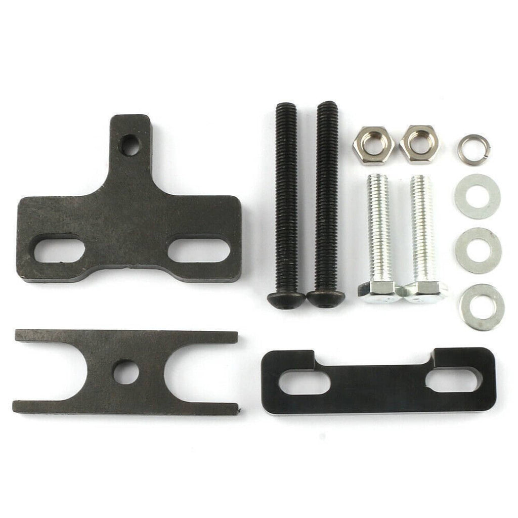 Valve spring compressor bracket kit with mounting plates, screws, nuts, and washers