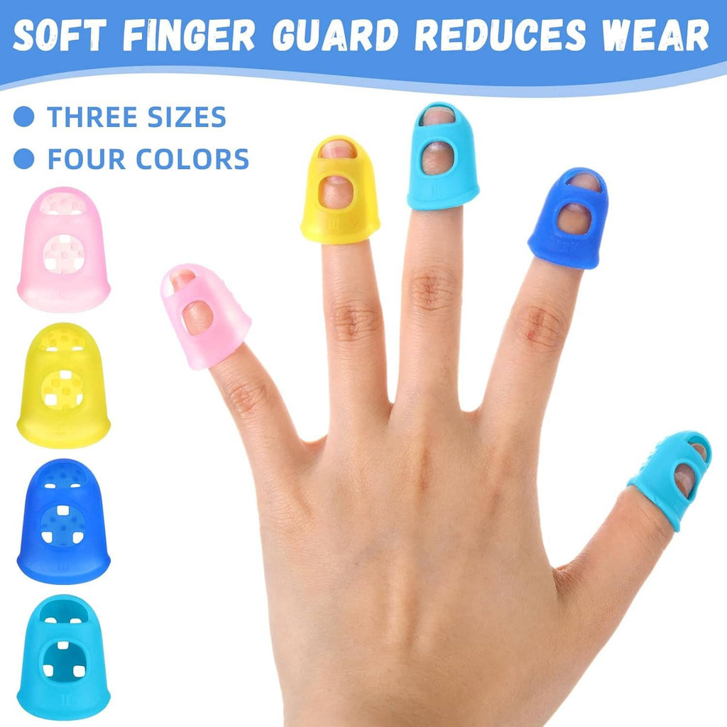 Finger protector caps on fingers, shown with three sizes S/M/L in four colors