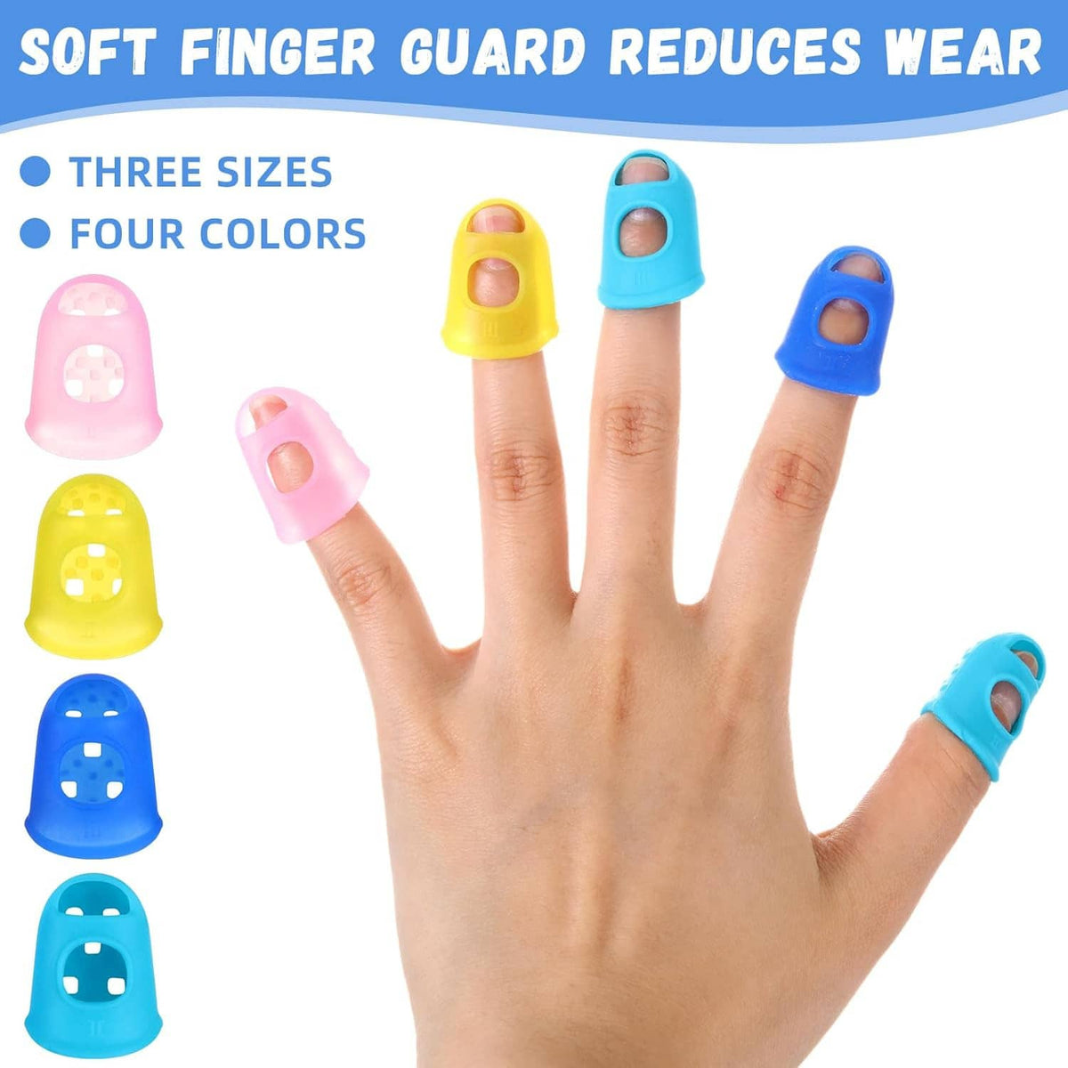 Finger protector caps on fingers, shown with three sizes S/M/L in four colors