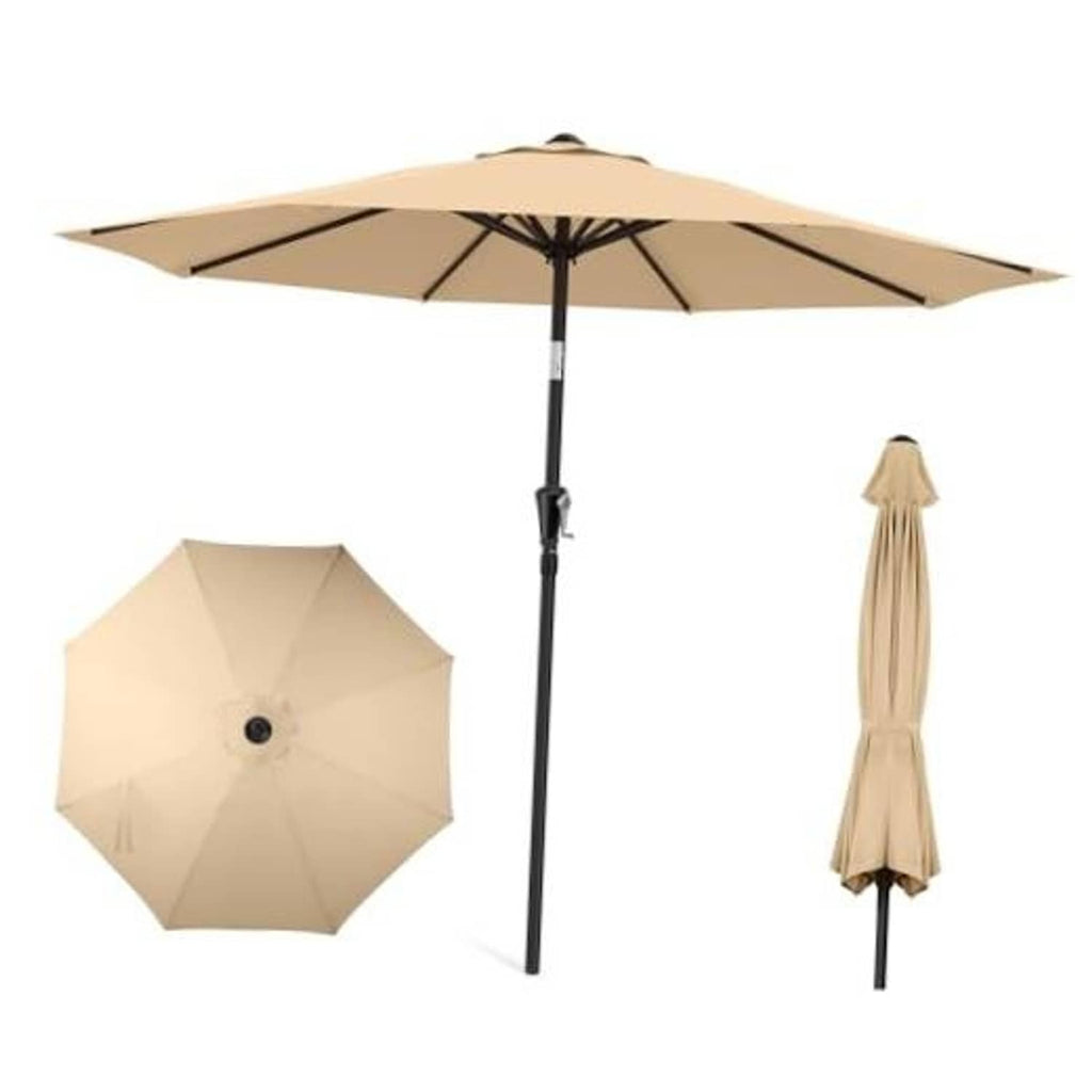 Beige patio umbrella with open canopy, central pole, and matching closed cover
