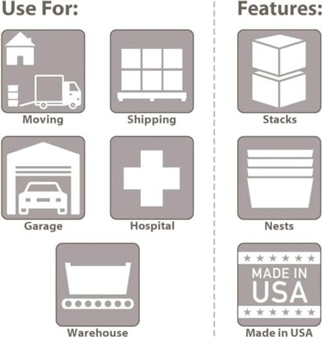 Grey plastic storage container feature icons for moving, shipping, nesting, and stacking