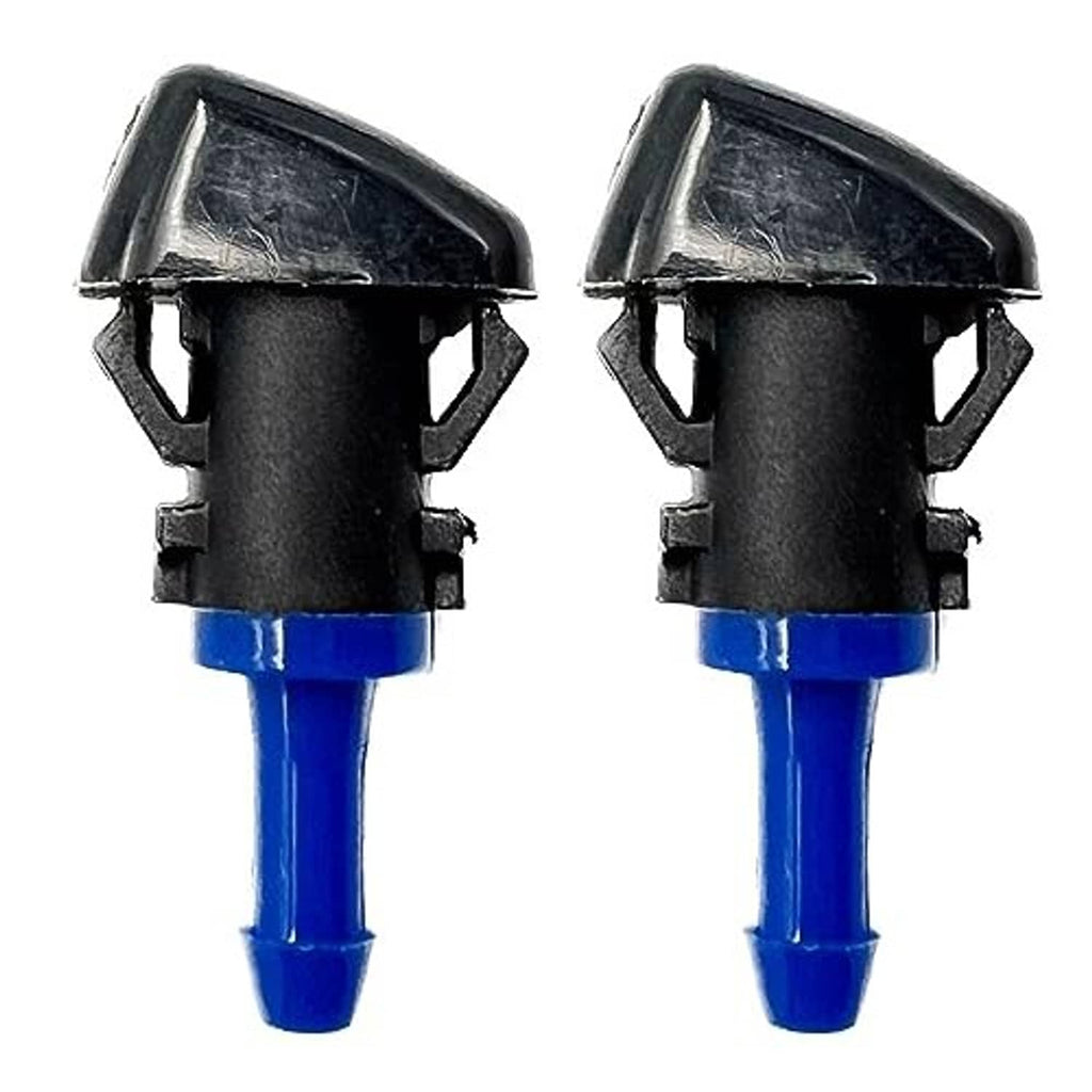 Washer nozzle pair, black housings and blue tubes, no connector visible